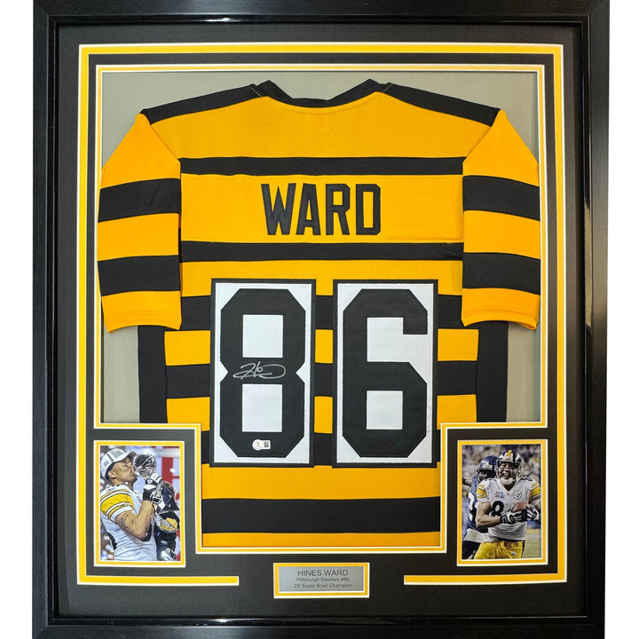 Framed Signed Hines Ward 35x39 Pittsburgh Bumble Bee Jersey JSA COA
