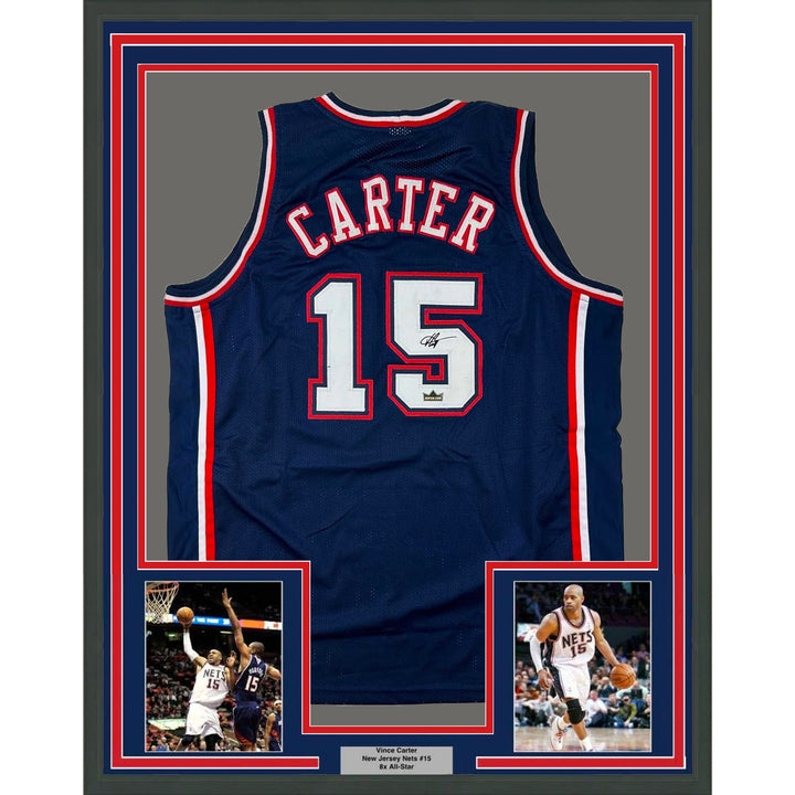 Framed Facsimile Autographed Vince Carter 33x42 Blue Reprint Laser Auto Jersey