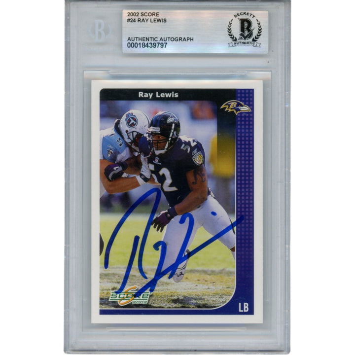 Ray Lewis Autographed/Signed 2002 Score #24 Trading Card Slab Beckett 53504