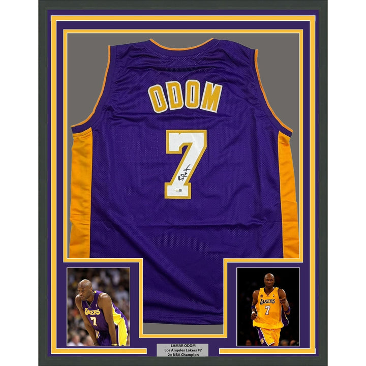 Framed Autographed/Signed Lamar Odom 35x39 LA Purple Jersey JSA COA