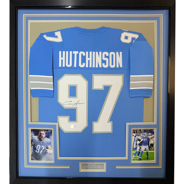 Framed Autographed/Signed Aidan Hutchinson 35x39 Detroit Blue Jersey BAS COA