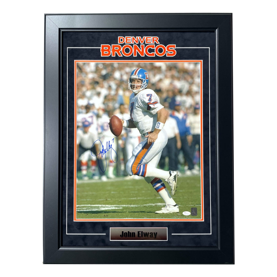 John Elway Autographed Denver Broncos 16x20 Photo Framed JSA Signed Old Logo