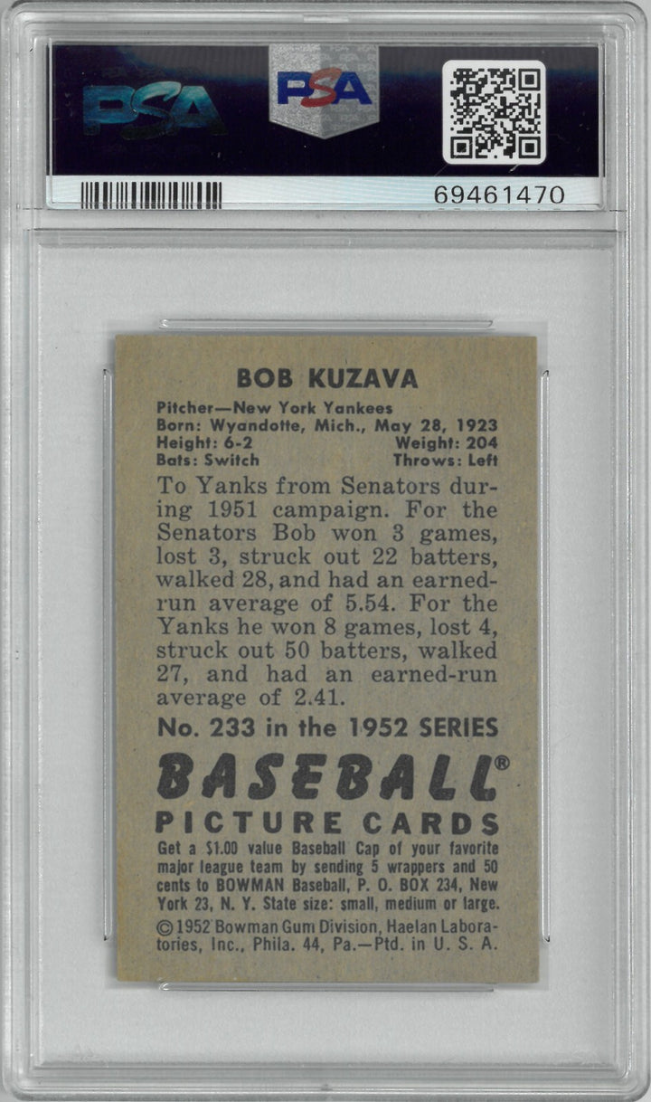 Bob Kuzava 1952 Bowman Baseball Card #233 - PSA Graded 5 EX (New York Yankees)