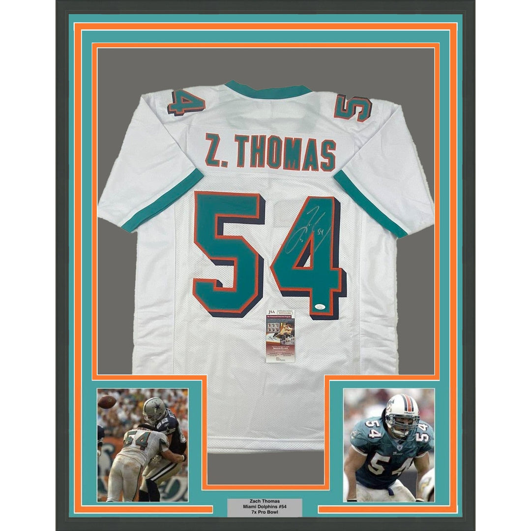 Framed Autographed/Signed Zach Thomas 35x39 Miami White Jersey JSA COA