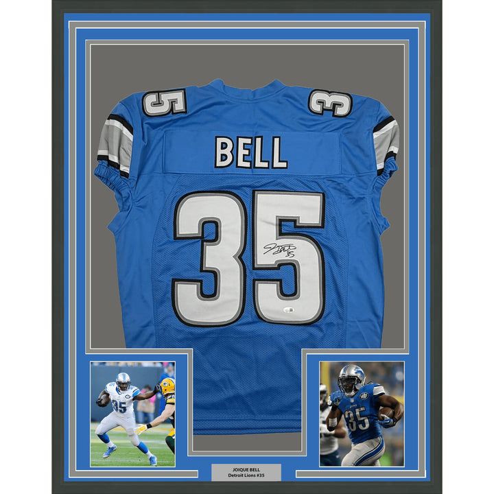 Framed Autographed Joique Bell Detroit Blue Pro Cut Football Jersey JSA COA