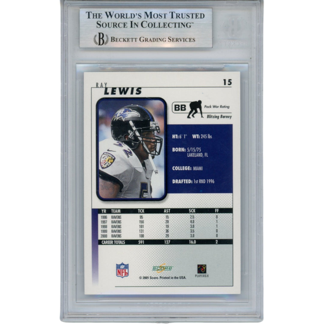 Ray Lewis Autographed/Signed 2001 Score #15 Trading Card Slab Beckett 53487