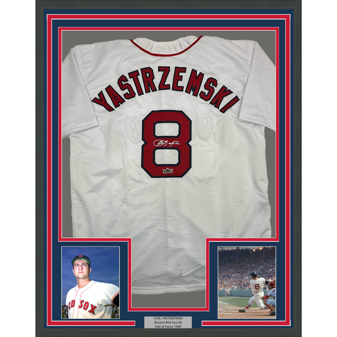Framed Facsimile Autographed Carl Yastrzemski 35x39 Boston White Reprint Jersey