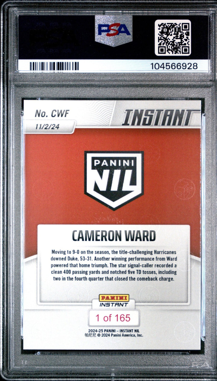 Graded 2024 Panini Instant NIL Cam Ward #CWF Rookie RC Football Card PSA 10