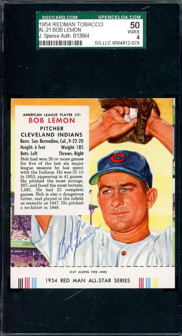 Bob Lemon JSA SGC Coa Signed 1954 Red Man Tobacco With Tab Autograph