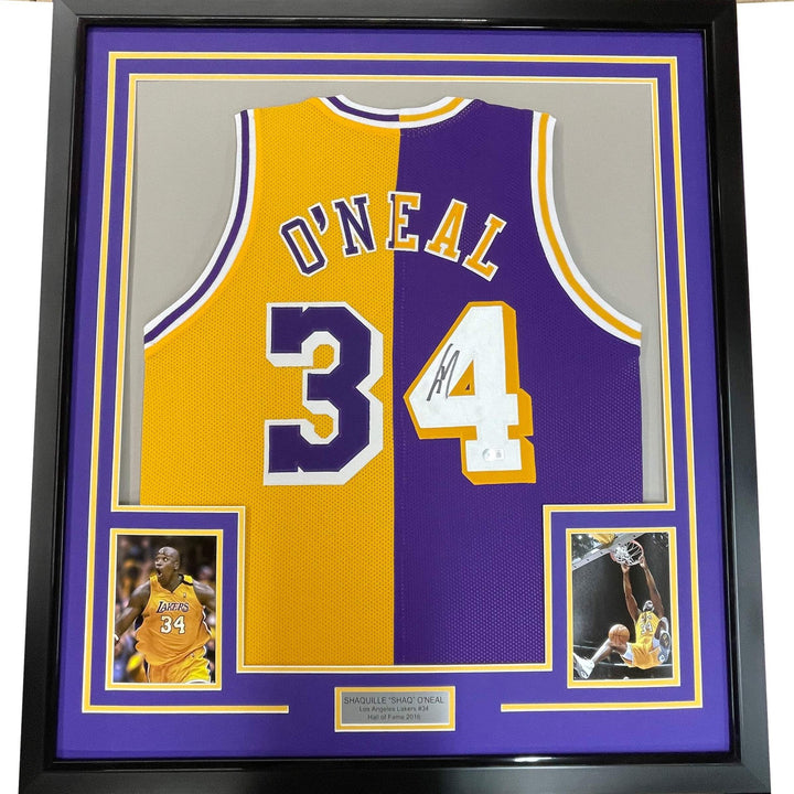 Framed Autographed/Signed Shaquille Shaq O'Neal 33x42 LA Split Jersey BAS COA