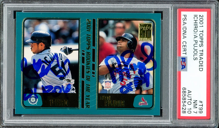 Albert Pujols Ichiro Suzuki Signed 2001 Topps Traded RC T99 PSA 7 Sig 10 ROY DNA
