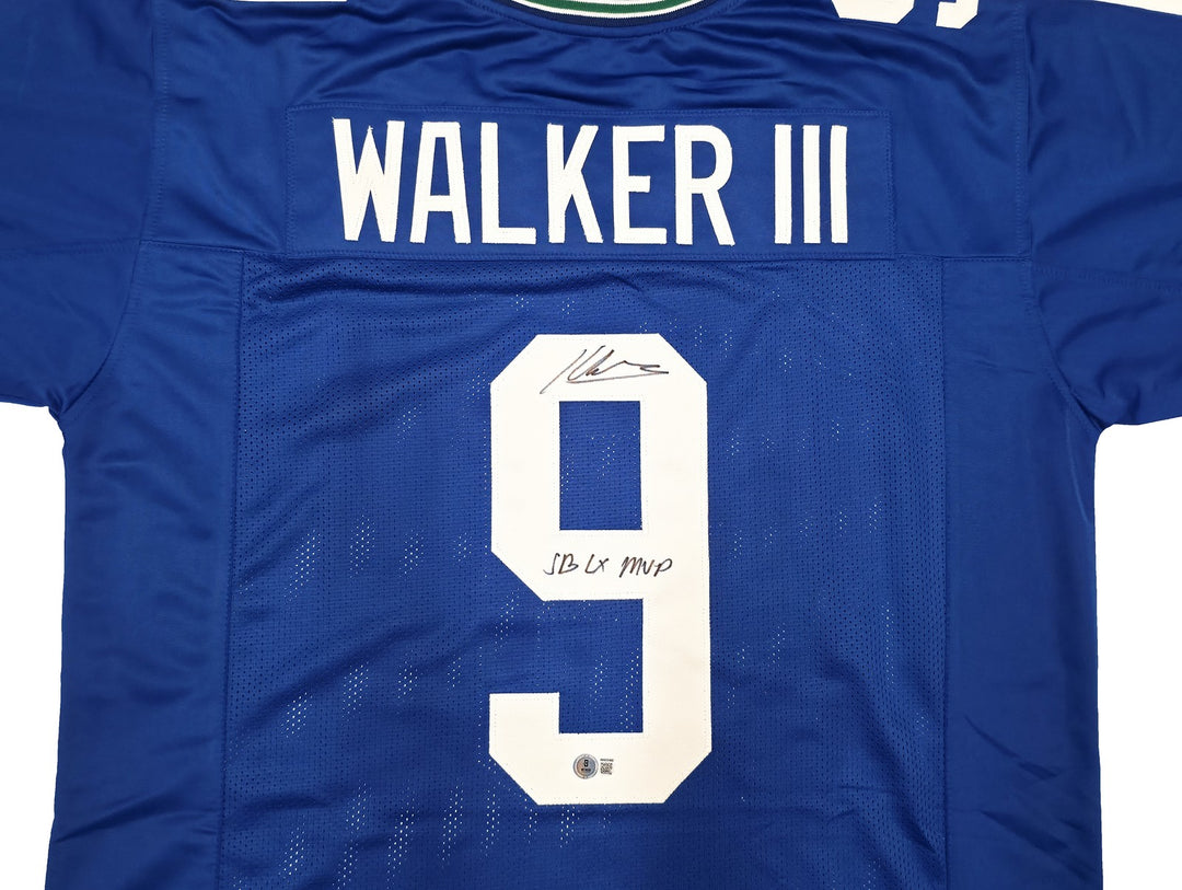 Seahawks Kenneth Walker III Auto Blue Throwback Jersey "SB LX MVP" Beckett Wit