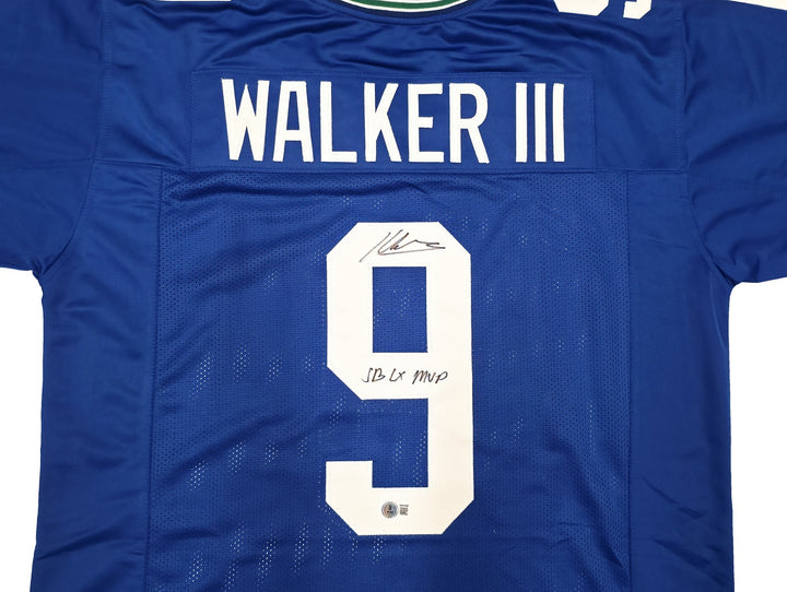 Seahawks Kenneth Walker III Auto Blue Throwback Jersey "SB LX MVP" Beckett Wit