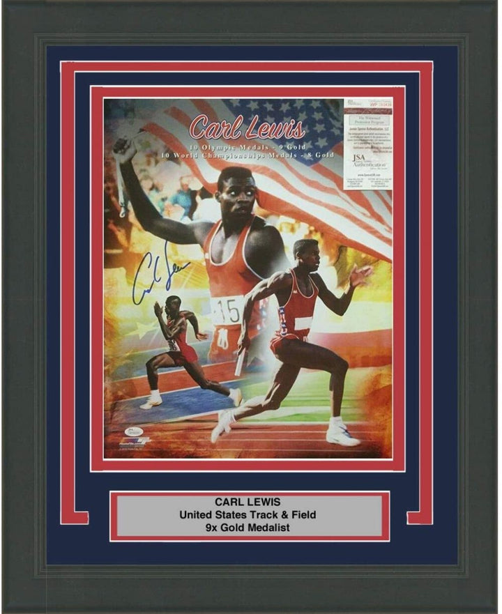 FRAMED Autographed/Signed CARL LEWIS USA Track 9x Gold 16x20 Photo JSA COA