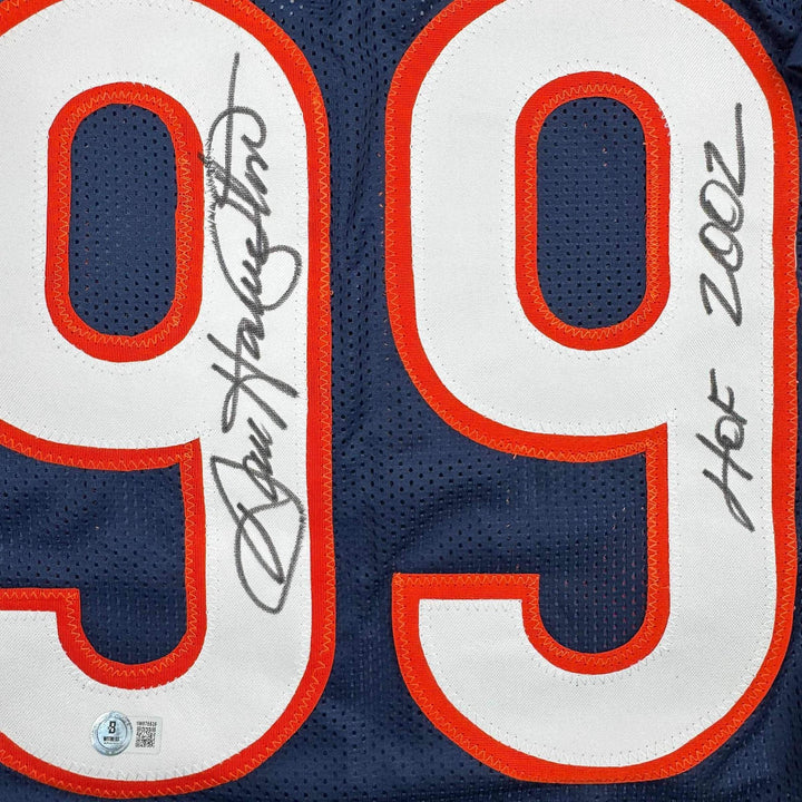 Autographed/Signed DAN HAMPTON HOF 2002 Chicago Blue Football Jersey JSA COA