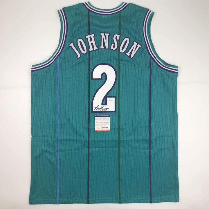 Autographed/Signed Larry Johnson Charlotte Teal Jersey PSA/DNA COA
