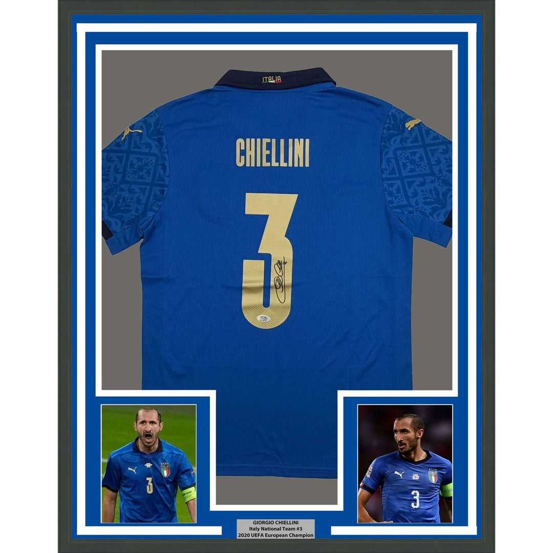 Framed Autographed/Signed Giorgio Chiellini 35x39 Italy Blue Jersey BAS COA