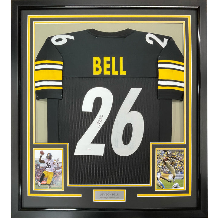 Framed Autographed/Signed Le'Veon Bell 33x42 Pittsburgh Black Jersey JSA COA