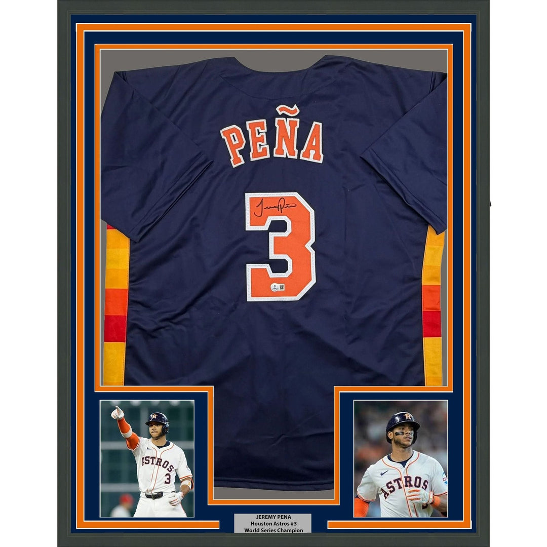 Framed Autographed/Signed Jeremy Pena 35x39 Houston Blue Jersey Beckett COA