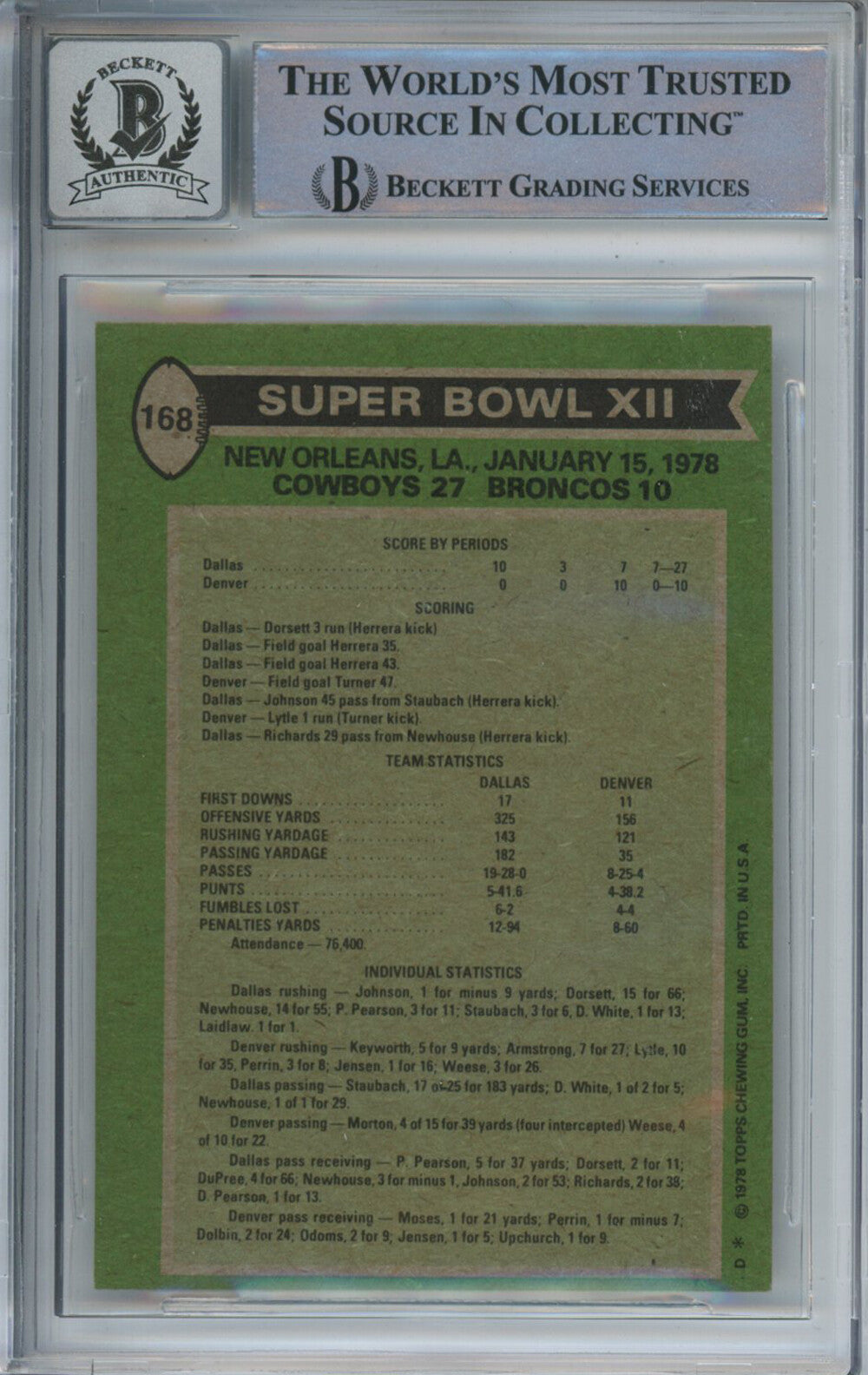 Tony Dorsett Autographed 1978 Topps SB XII #168 Trading Card Beckett 10 Slab