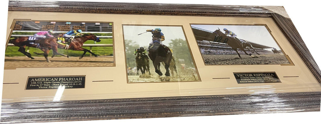 American Pharoah Victor Espinoza 3 Photo Leather Framed 41x19- TRIPLE CROWN