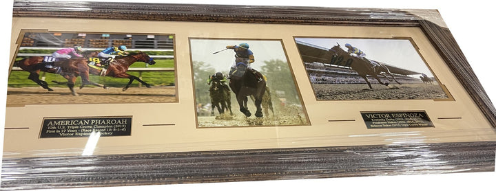 American Pharoah Victor Espinoza 3 Photo Leather Framed 41x19- TRIPLE CROWN