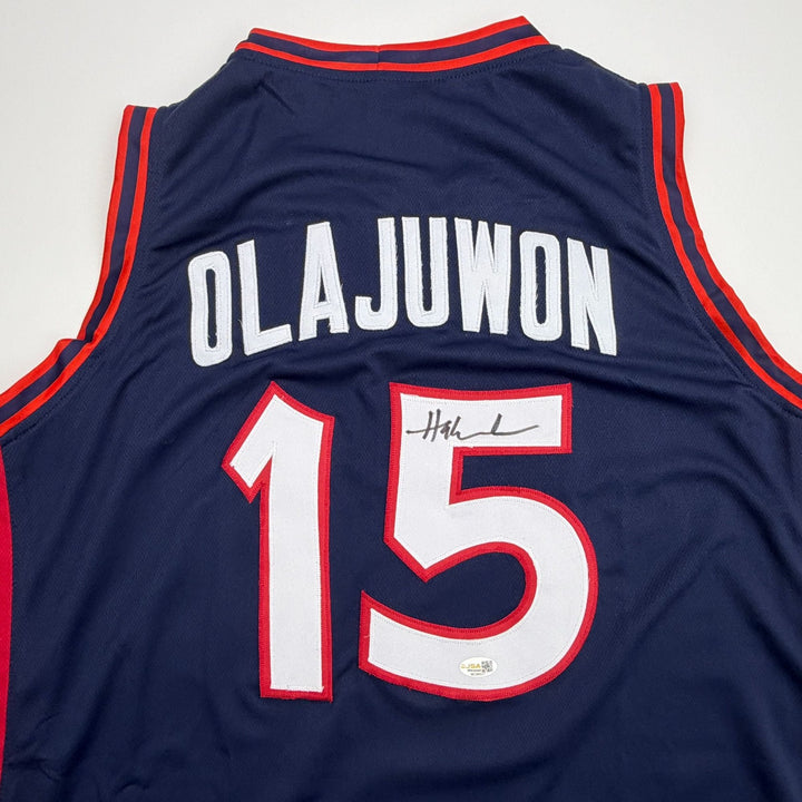 Autographed/Signed Hakeem Olajuwon United States USA Blue Jersey JSA COA