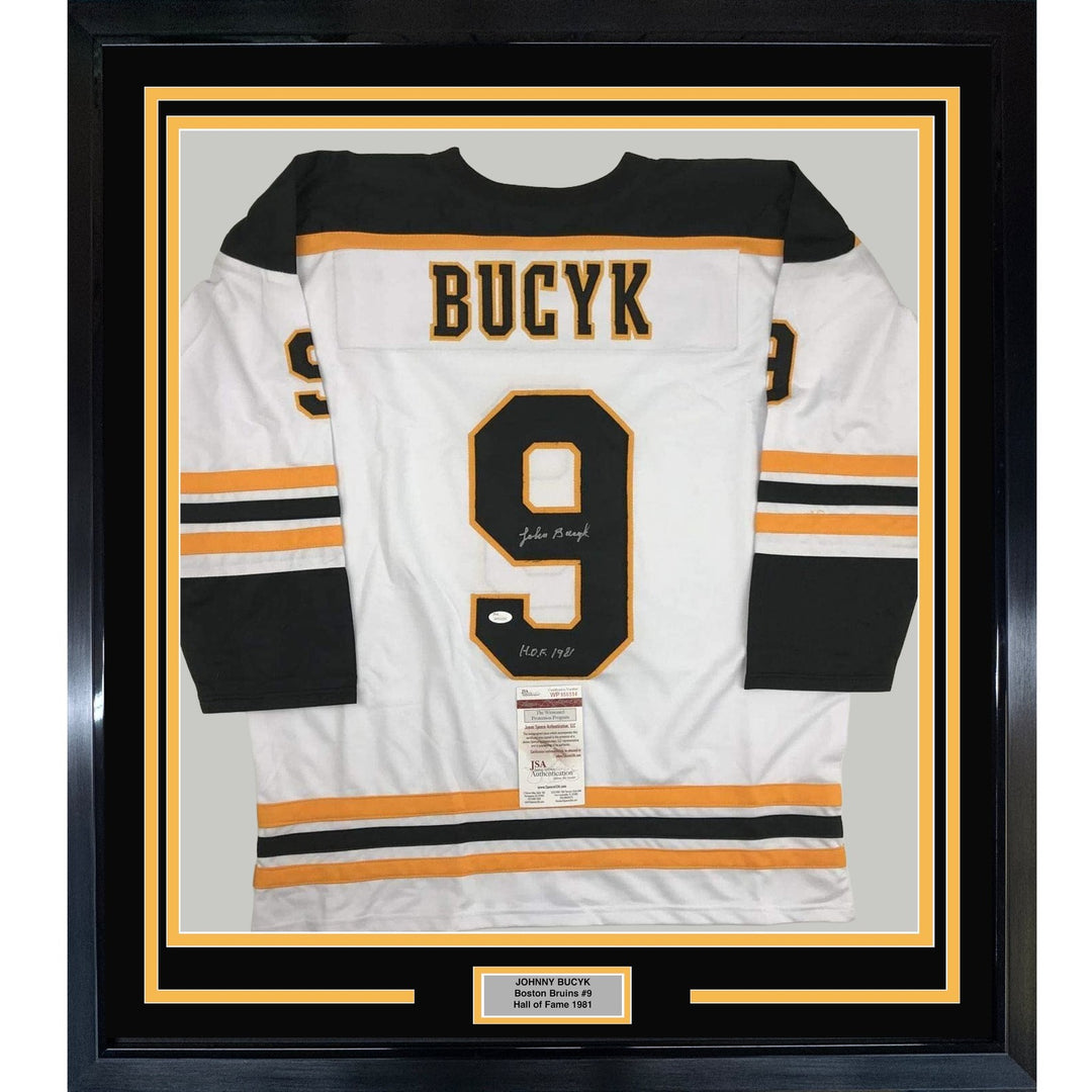 FRAMED Signed JOHNNY JOHN BUCYK 35x39 Boston White Jersey JSA COA