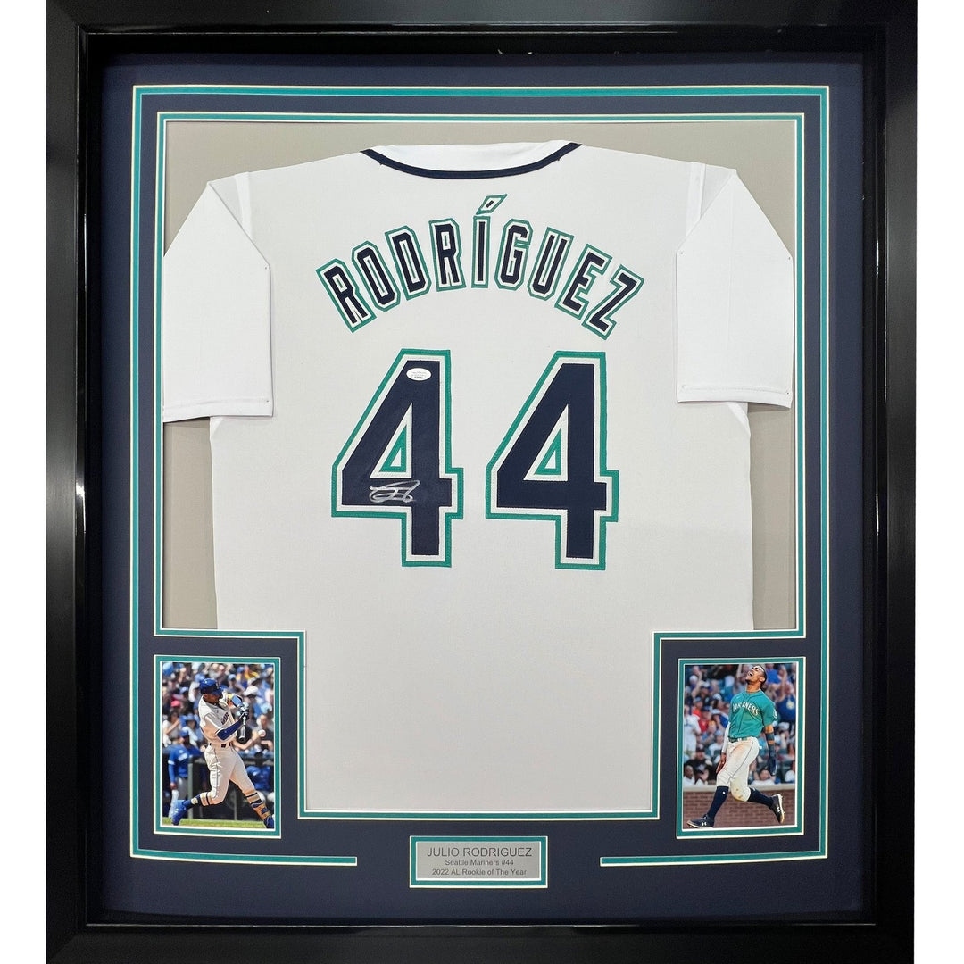 Framed Signed Julio Rodriguez 35x39 Seattle White Jersey JSA COA