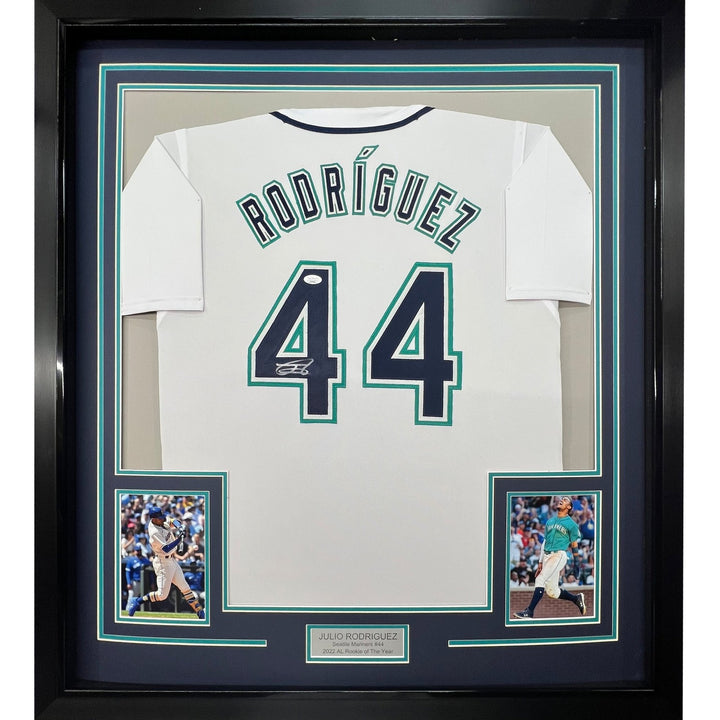 Framed Signed Julio Rodriguez 35x39 Seattle White Jersey JSA COA