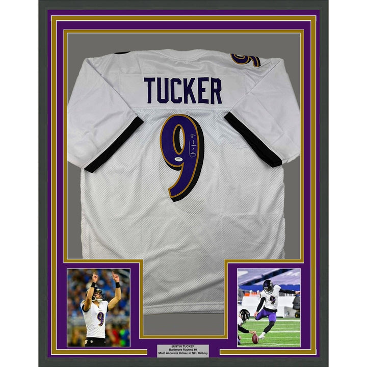 Framed Signed Justin Tucker 35x39 Baltimore White Jersey JSA COA