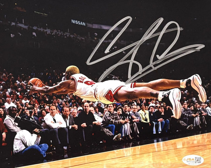 Dennis Rodman Signed 8x10 Chicago Bulls Dive Photo JSA QR