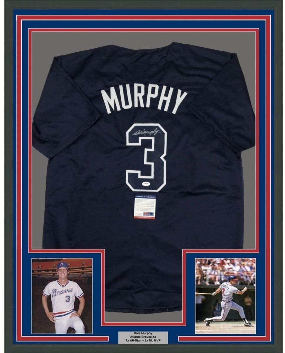 Framed Signed Dale Murphy 35x39 Atlanta Dark Blue Jersey PSA COA