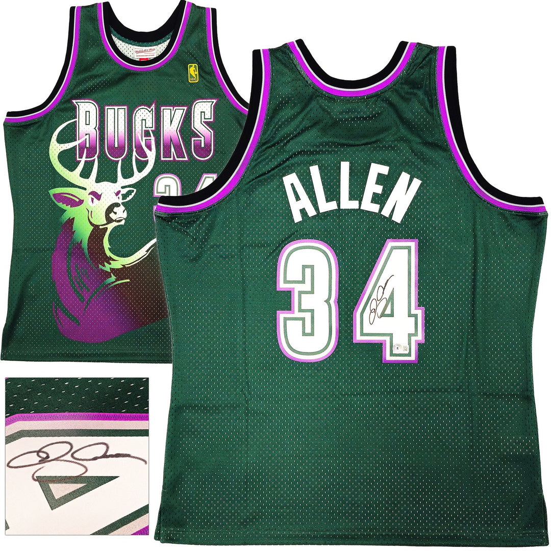 Bucks Ray Allen Auto Green Auth Mitchell Ness 96-97 Swingman Jersey XL BAS