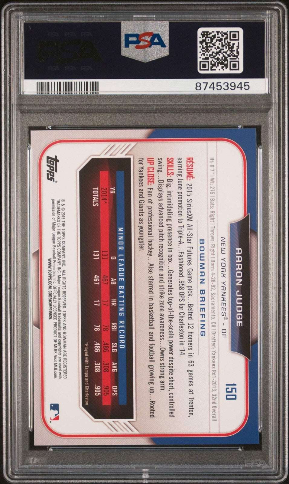 Graded 2015 Topps Bowman Draft Aaron Judge #150 Rookie RC Baseball Card PSA 10