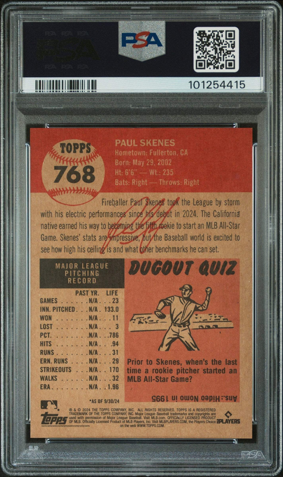 Graded 2024 Topps Living Paul Skenes #768 Rookie Baseball Card PSA 10 Gem Mint