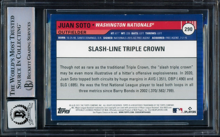 Juan Soto Signed 2021 Topps Big League Card 290 New York Mets Auto GM 10 Beckett