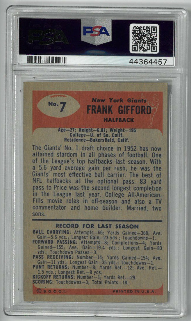 Frank Gifford New York Giants 1955 Bowman Card #7- PSA Graded 4.5 Very Good- Ex+
