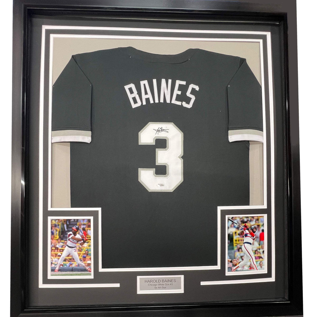 FRAMED Autographed/Signed HAROLD BAINES 33x42 Chicago Black Jersey Beckett COA