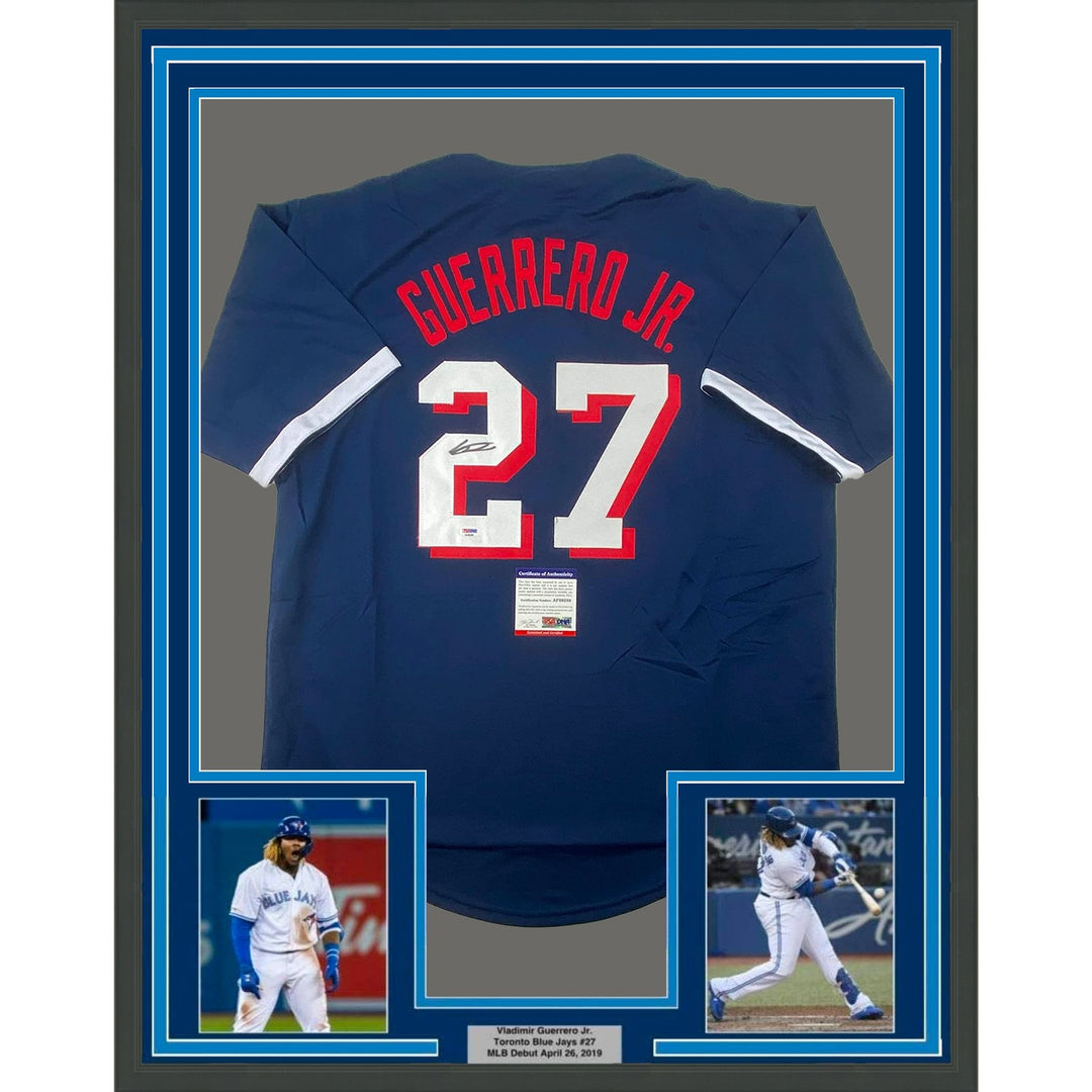 Framed Signed Vladimir Vlad Guerrero Jr 35x39 Blue Jersey PSA COA