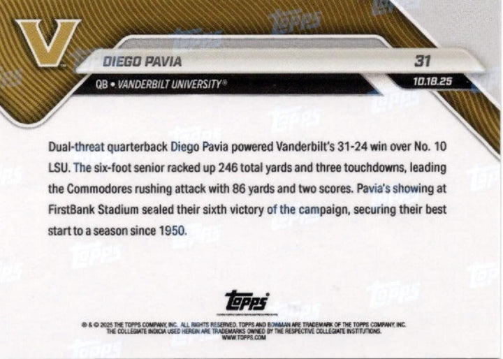 2025 Topps Bowman U Now Diego Pavia #31 Gold Foil /50 Rookie RC Football Card