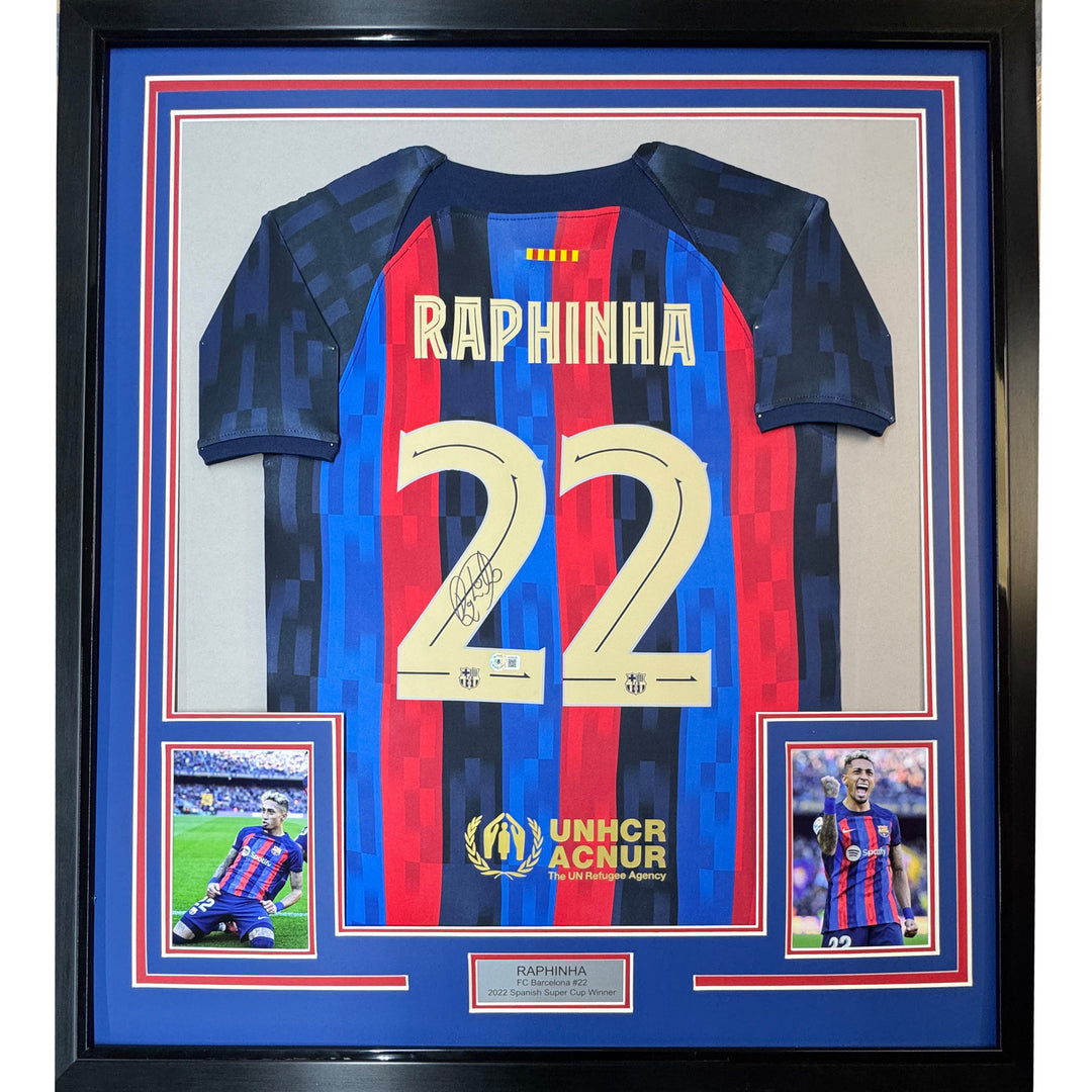 Framed Autographed/Signed Raphinha Raphael Belloli 33x42 Blue Jersey BAS COA