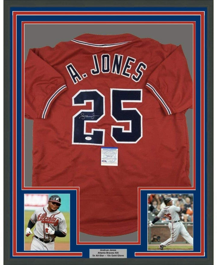 Framed Autographed/Signed Andruw Jones 33x42 Atlanta Red Jersey PSA/DNA COA