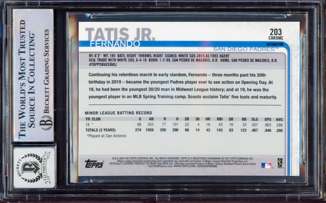 Fernando Tatis Jr Auto 2019 Topps Chrome Purple Refractor RC 203 BGS 8.5 Sig 10