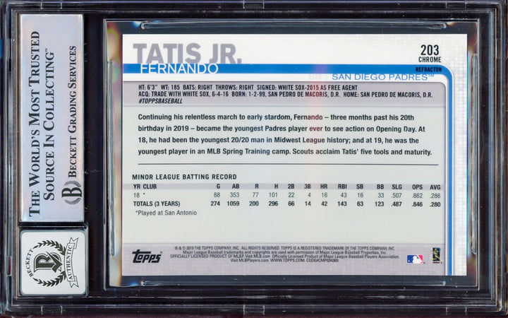Fernando Tatis Jr Auto 2019 Topps Chrome Purple Refractor RC 203 BGS 8.5 Sig 10