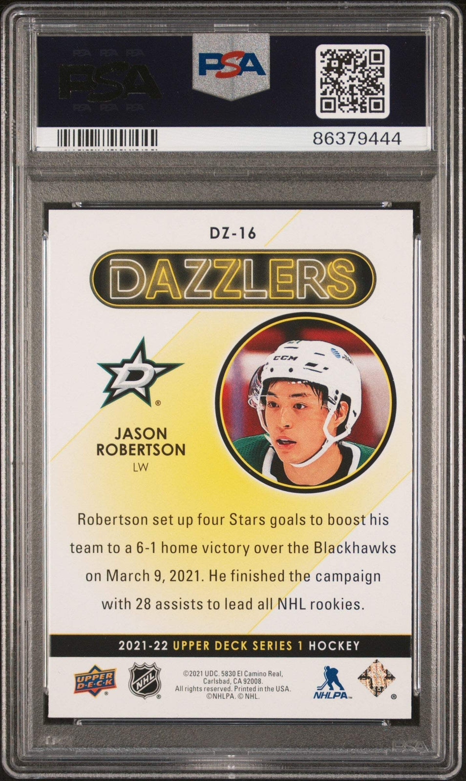 Graded 2021 UD Jason Robertson #DZ16 Dazzlers Purple RC Hockey Card PSA 10 Gem