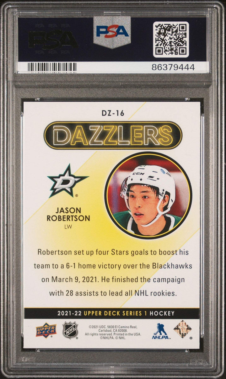Graded 2021 UD Jason Robertson #DZ16 Dazzlers Purple RC Hockey Card PSA 10 Gem