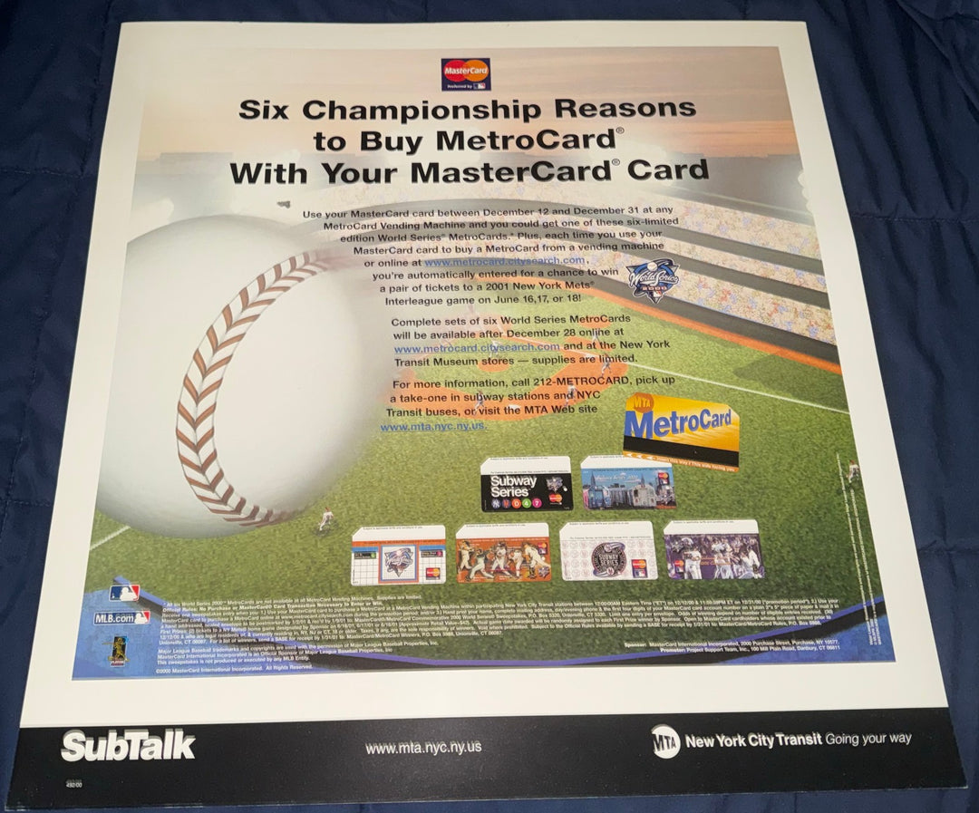 MTA NYC TRANSIT METROCARD SUBWAY 21x22 PROMO POSTER YANKEES vs METS WORLD SERIES