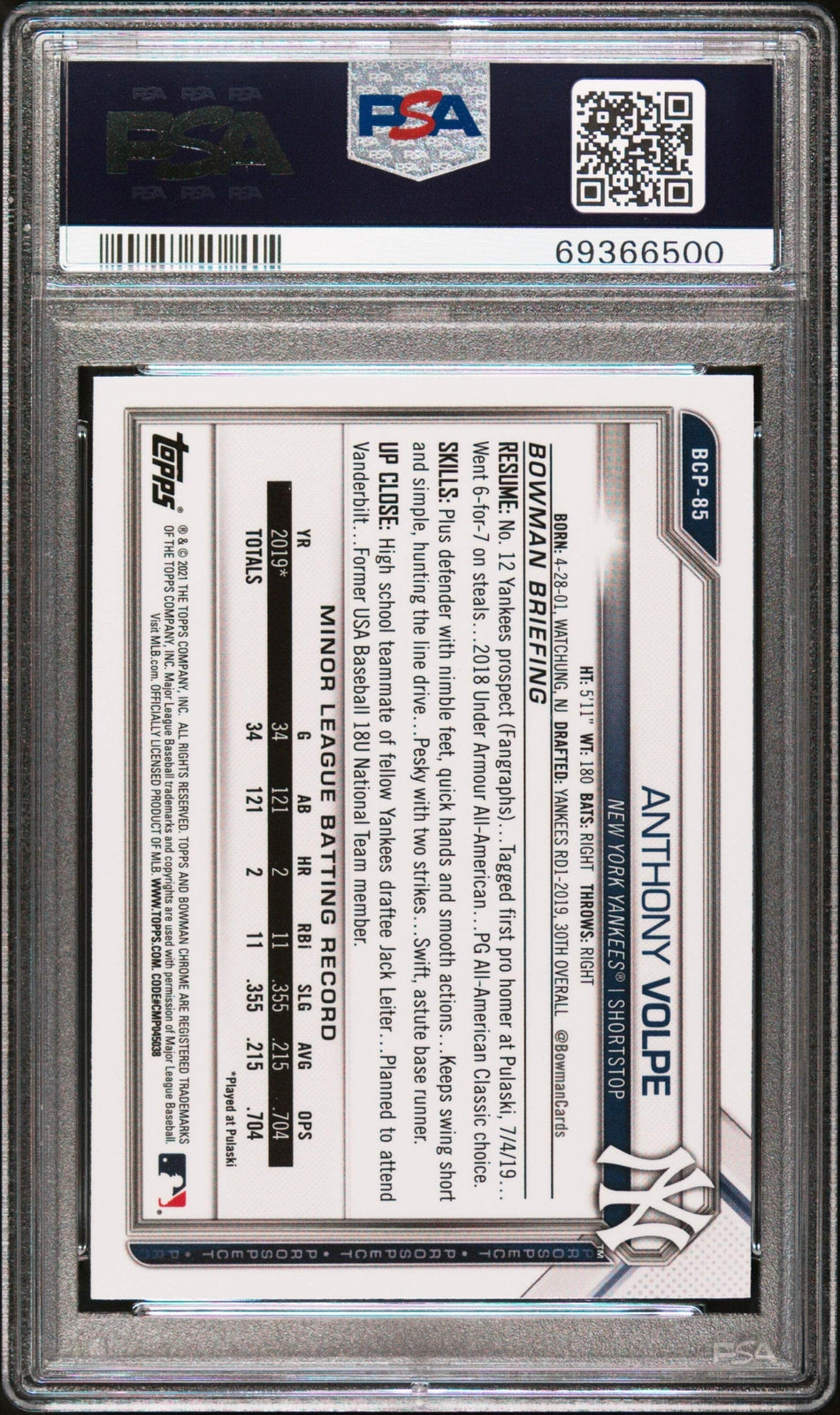 Graded 2021 Bowman Sapphire Ed Anthony Volpe #BCP85 Chrome Baseball Card PSA 10