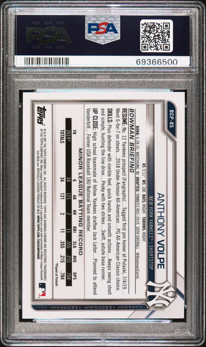 Graded 2021 Bowman Sapphire Ed Anthony Volpe #BCP85 Chrome Baseball Card PSA 10